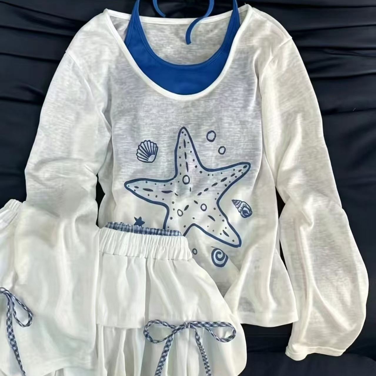 Beach Vacation Style Star Sea Print Long Sleeve Bathing Suit