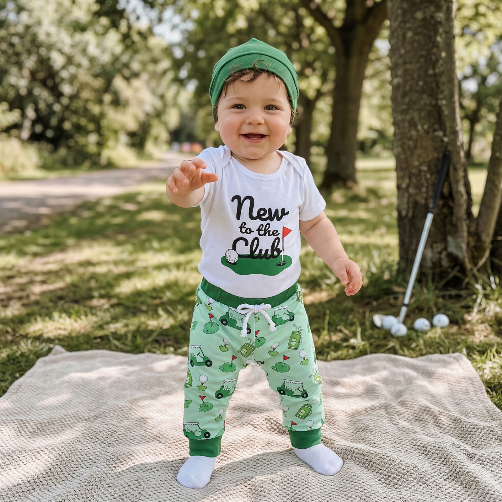 Golf Style Baby Bodysuit Set Summer Newborn Short Sleeve Romper + Long Pants + Hat Three-Piece Set