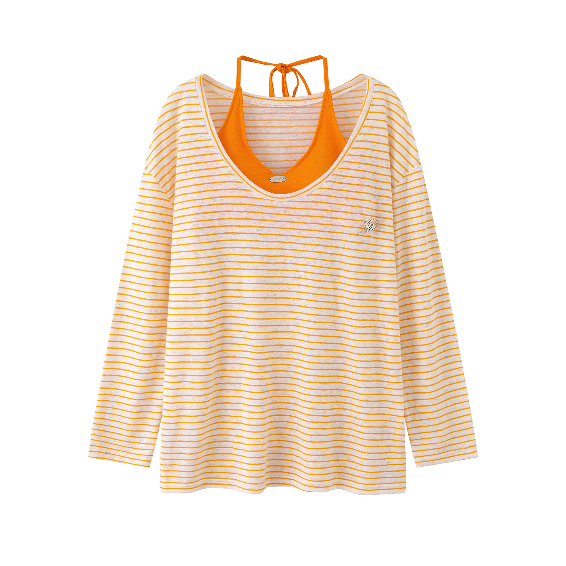 Starfish Print Two-Piece Strap Long Sleeve T-Shirt for Women, Color-Blocking Tie-Waist Slim Fit