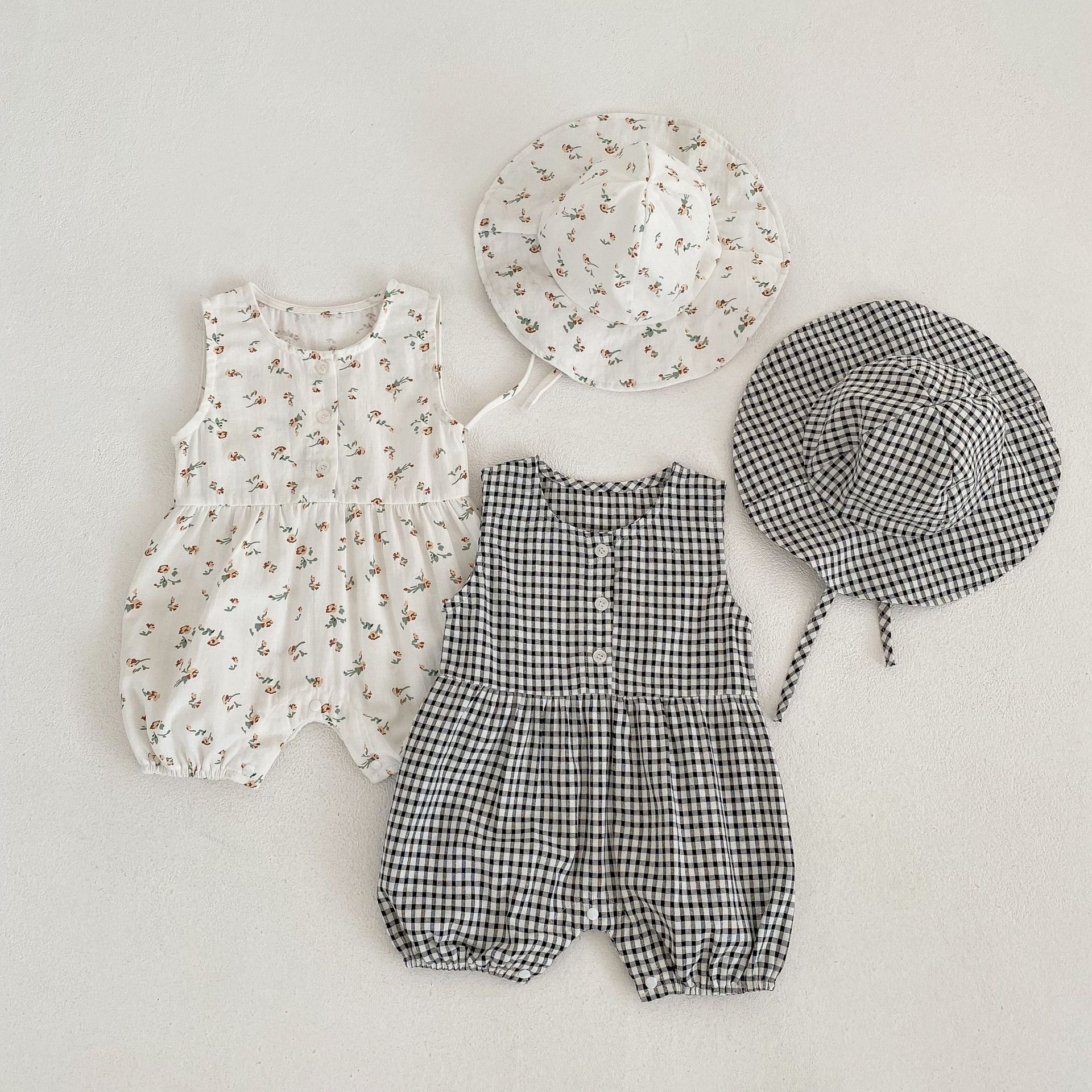 Trendy Summer Baby Girl Checkered and Floral Sleeveless Round Neck Romper Crawling Suit