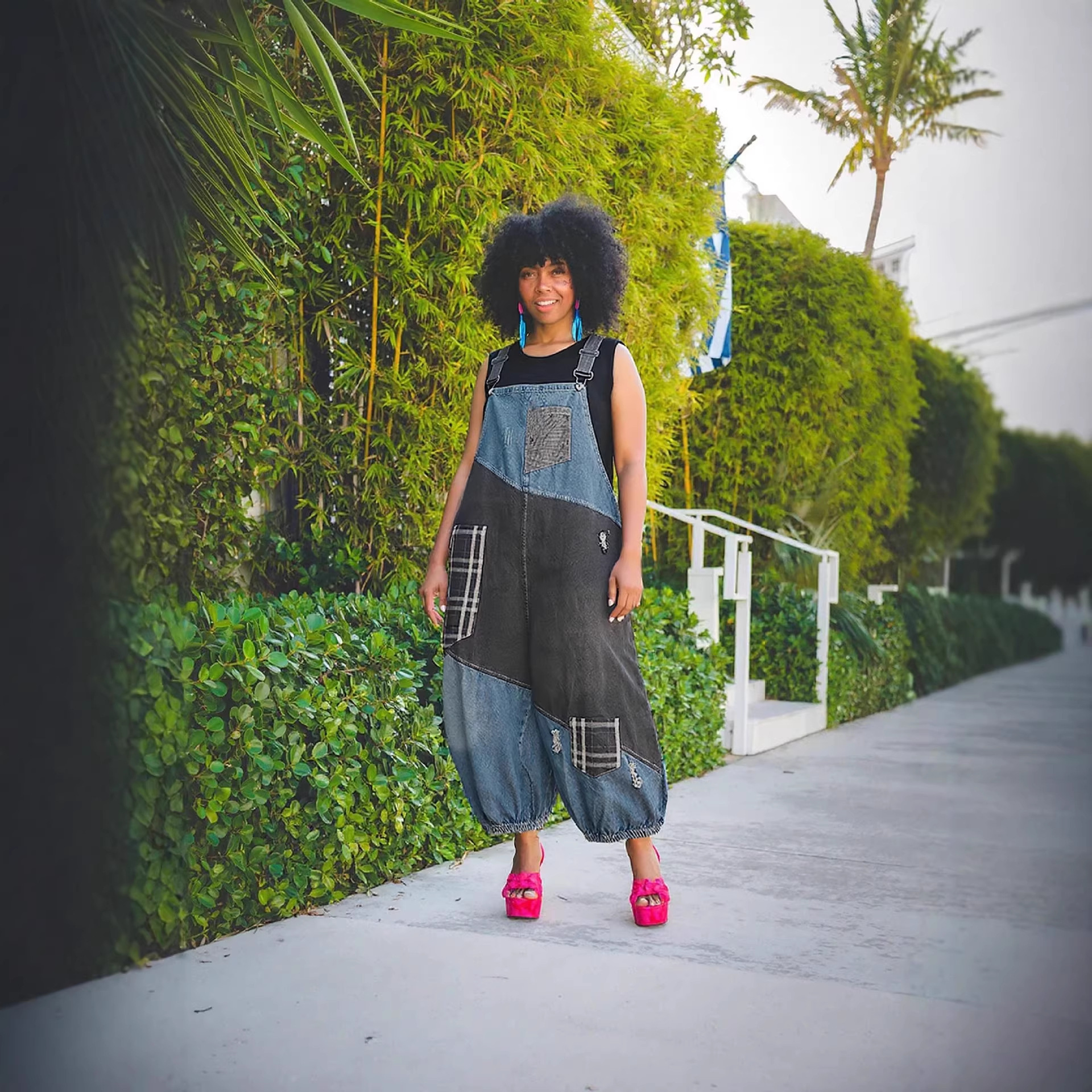 Ripped Checkered Patchwork Pocket 9/10th Length Overalls