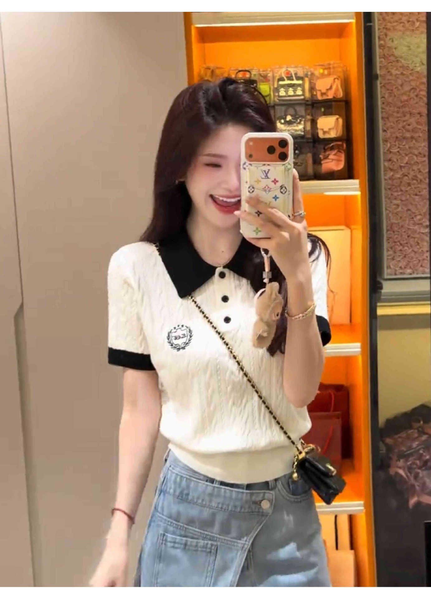 Polo Collar Knit Top - color-block detail