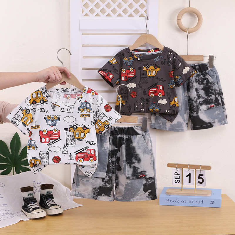 Children's cartoon round neck short sleeved shorts two-piece set