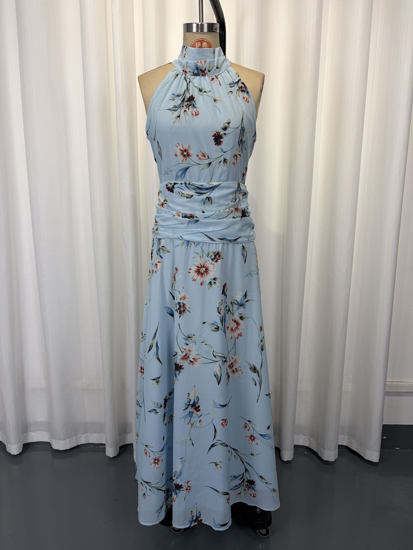 Sky blue halter neck maxi dress – printed fitted sleeveless long dress detail