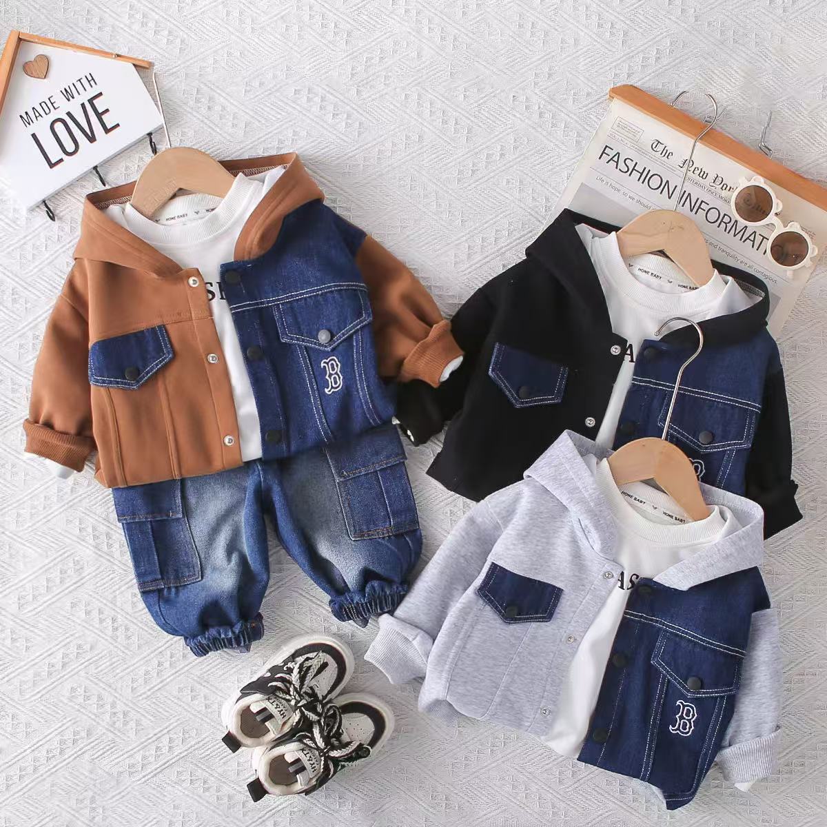 Hooded jacket long sleeved three piece set baby spring and autumn clothes