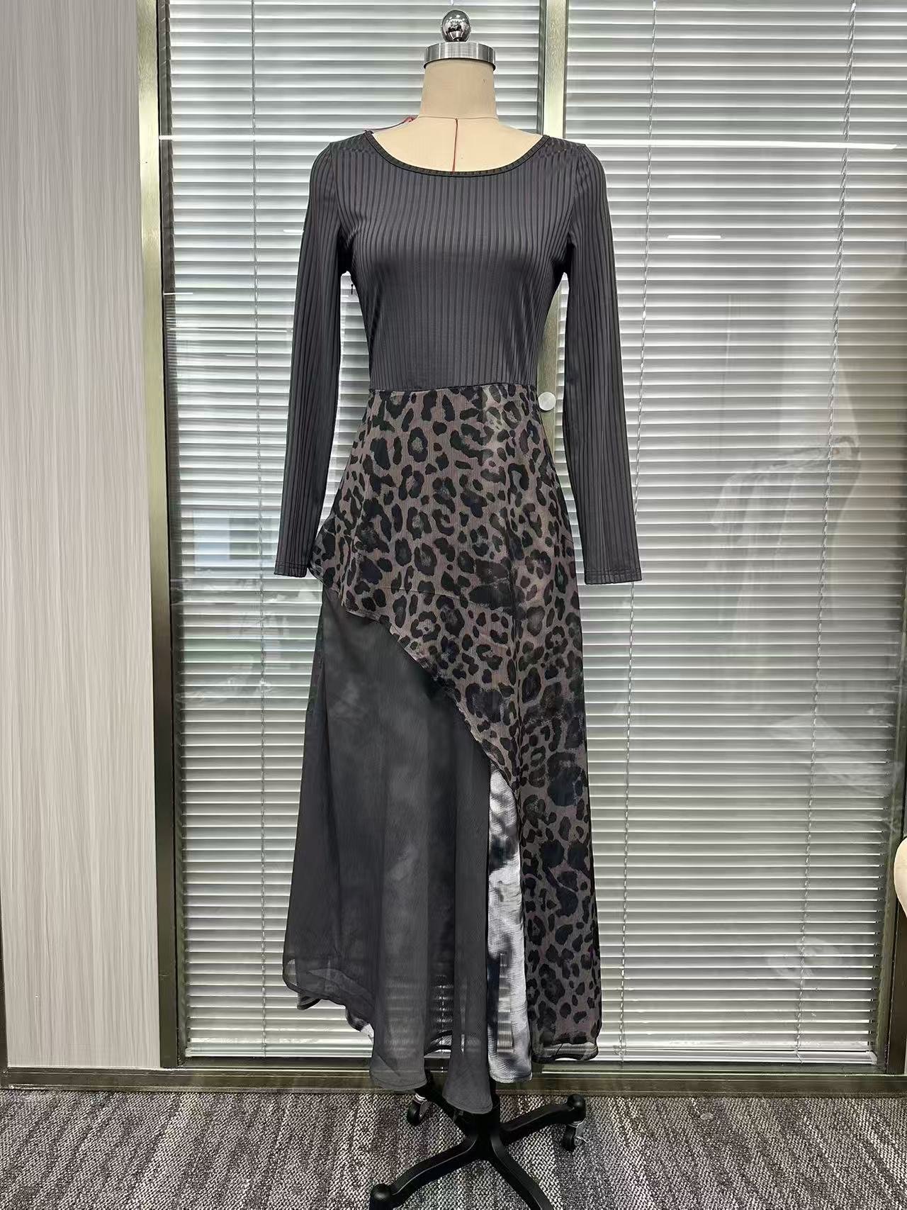 Women's leopard print maxi dress product detail view – ribbed knit bodice scoop neck
