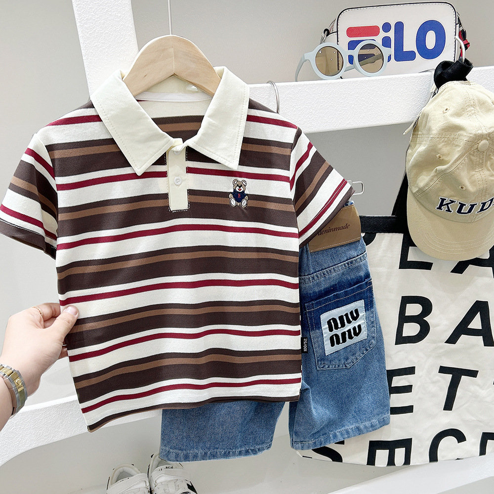 Children's Striped Polo Shirt with Cartoon Embroidery, Short Sleeve Casual Top for Kids