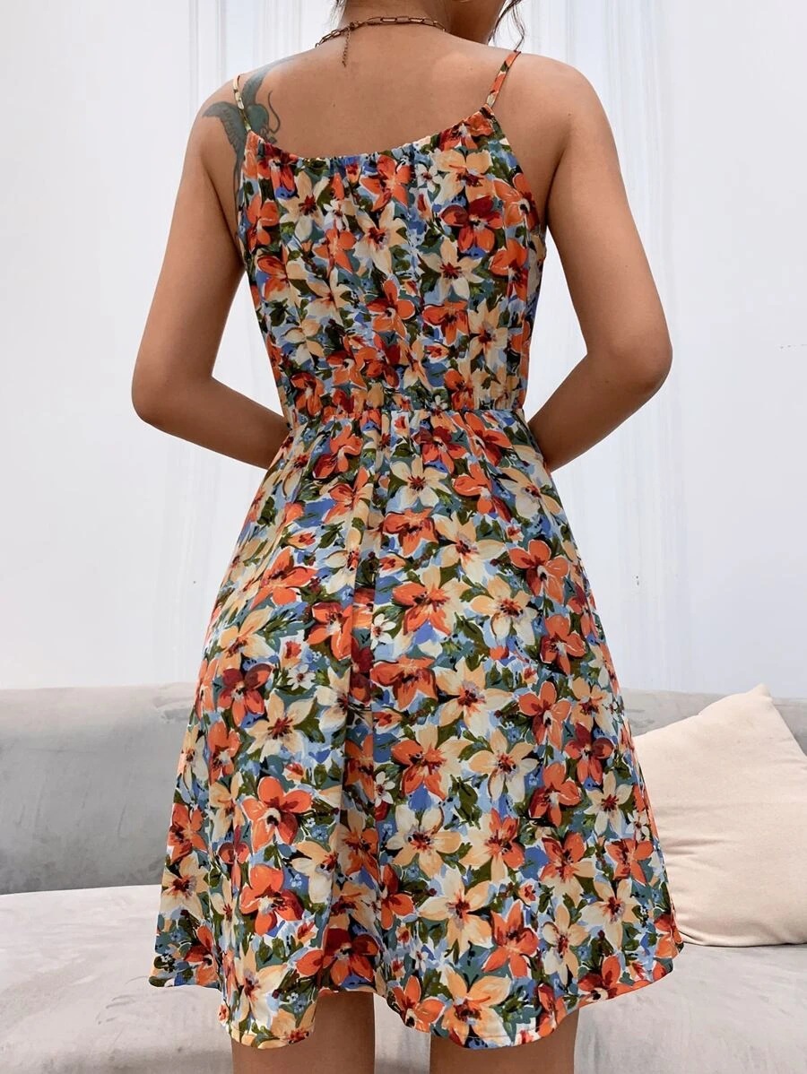 Women's floral sleeveless dress packaging and product overview