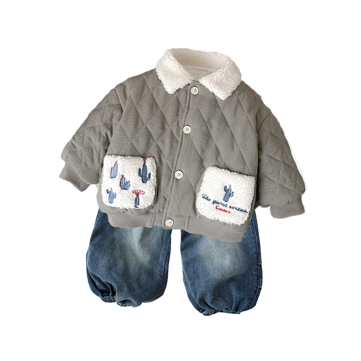 Cute Cartoon Coat for Boys Winter Warm Stylish Cotton Jacket with Fleece Lined Denim Pants