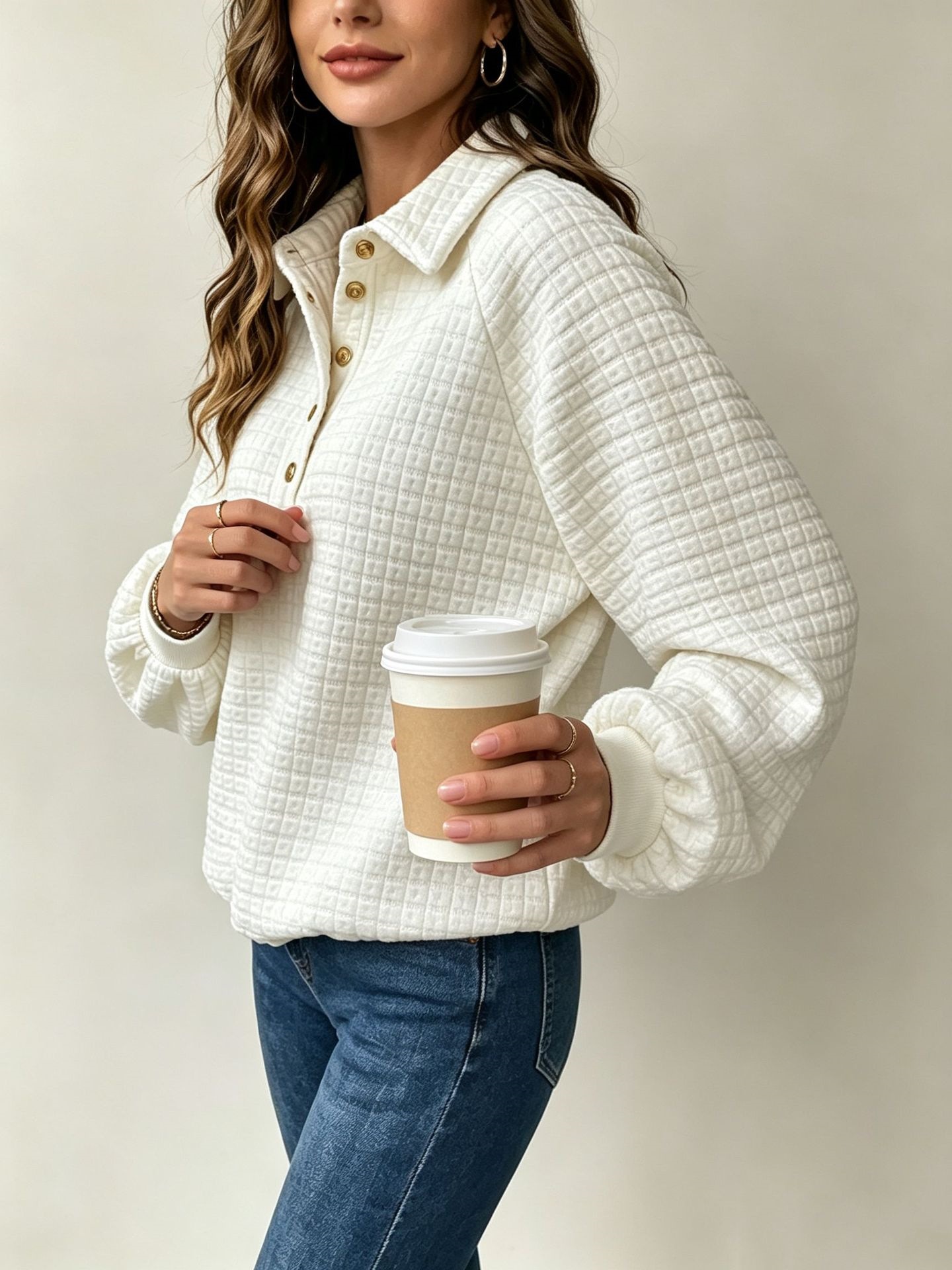 Women's apricot loose top – turn-down collar raglan sleeve pullover casual