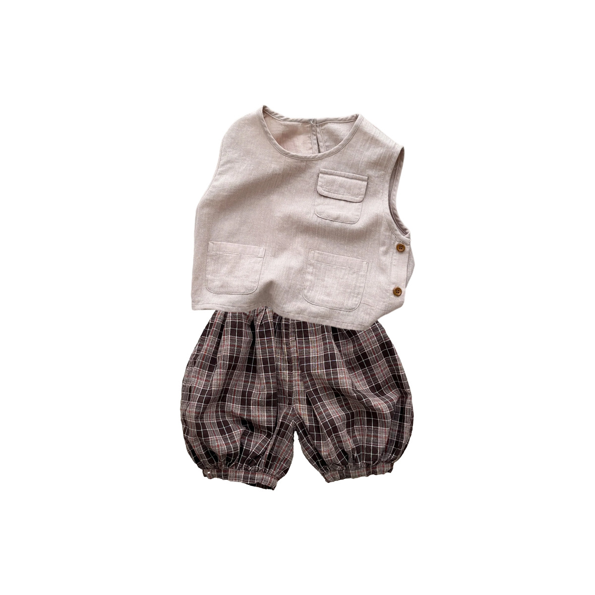Sleeveless Lightweight T-Shirt with Plaid Shorts, Two-Piece Outfit for Summer