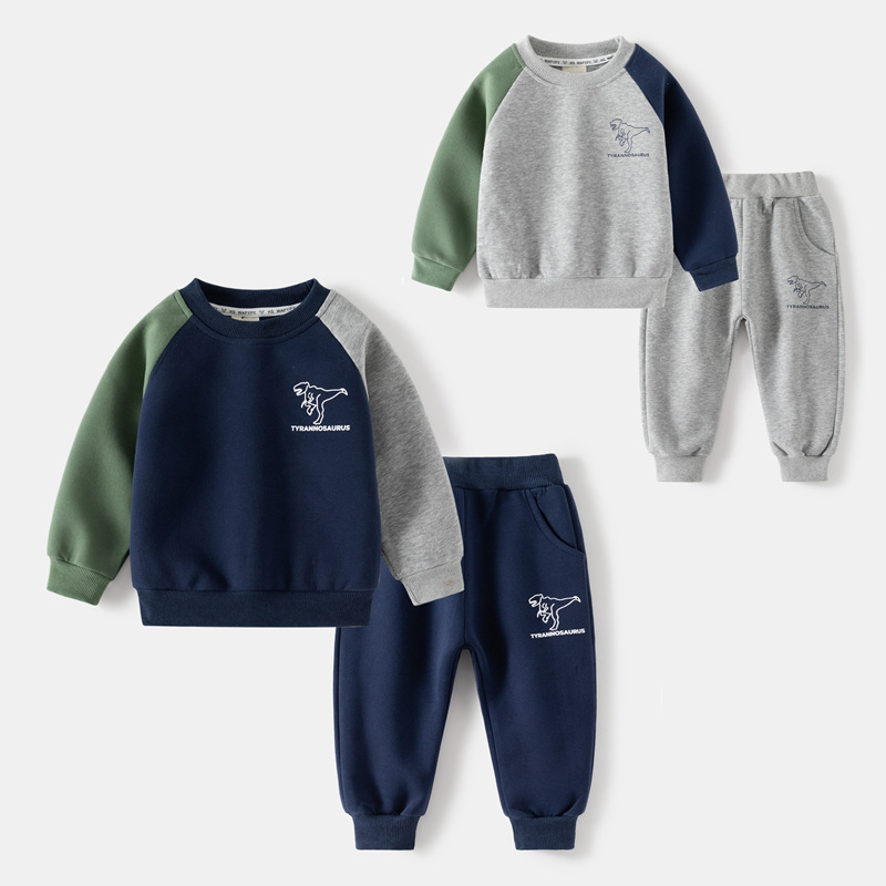 Children's Dinosaur Printed Color Contrasting Long Sleeve Set