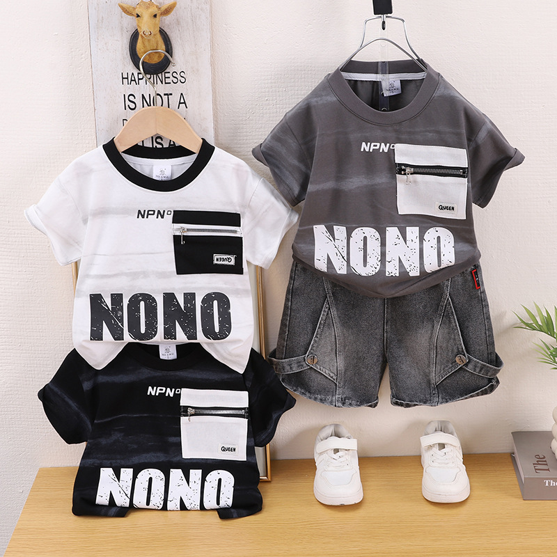Summer letter round neck pocket short sleeved two-piece set