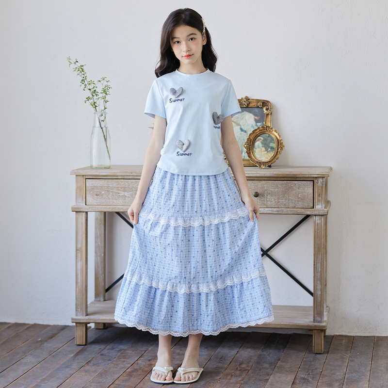 Polka Dot Checkered Cake Skirt Two-Piece Set for Girls