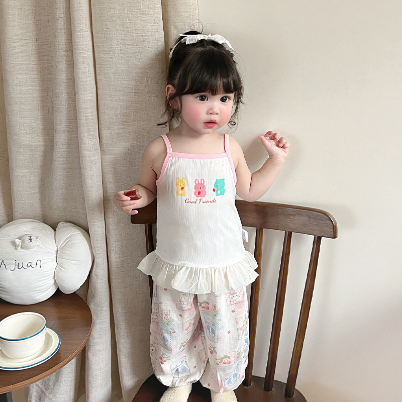 Summer Girls' Lace Strap Children's Baby Stylish Printed Top Sweet Cute Solid Color Tank Top