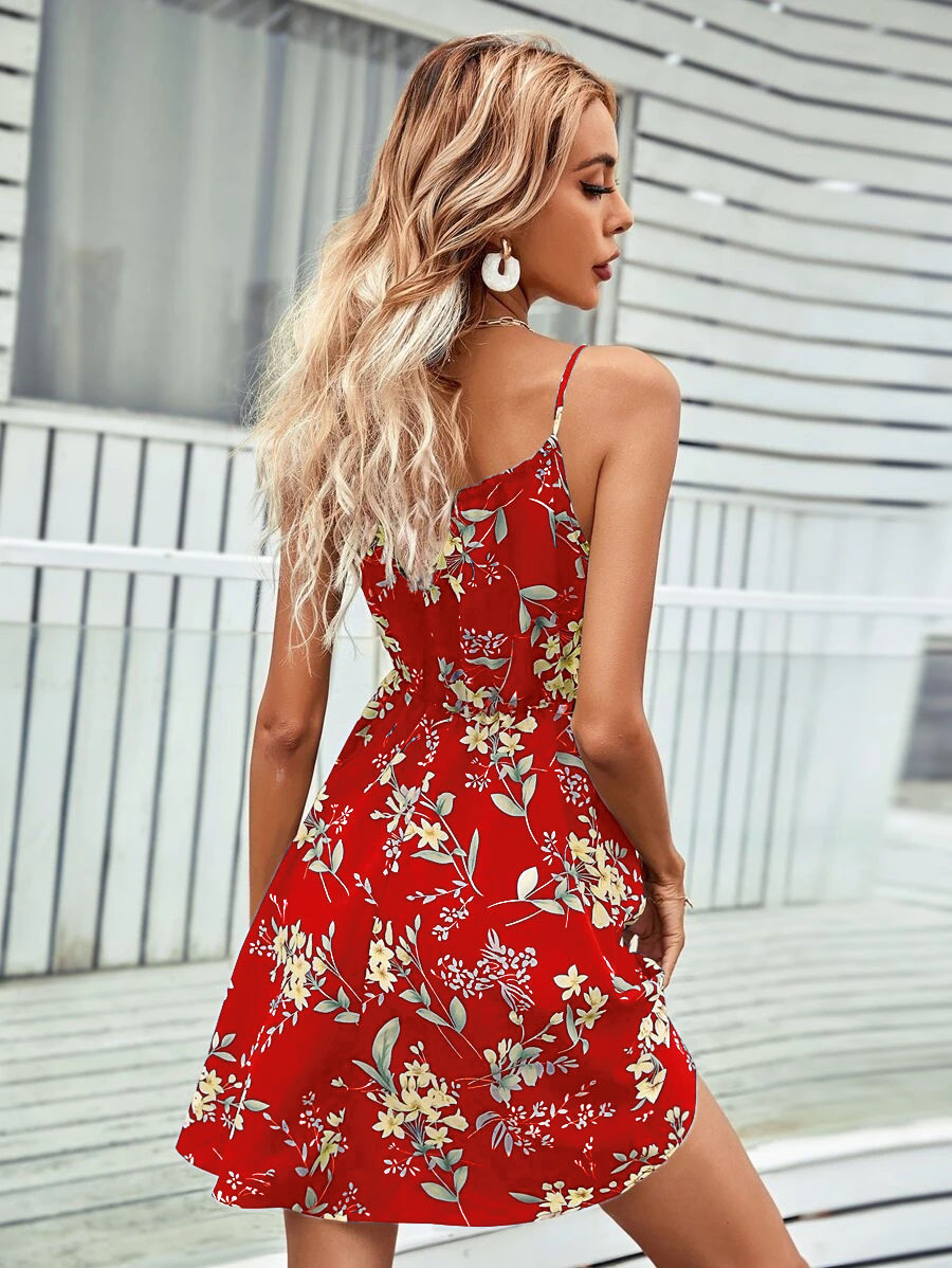 Women's sleeveless floral dress styled with sandals