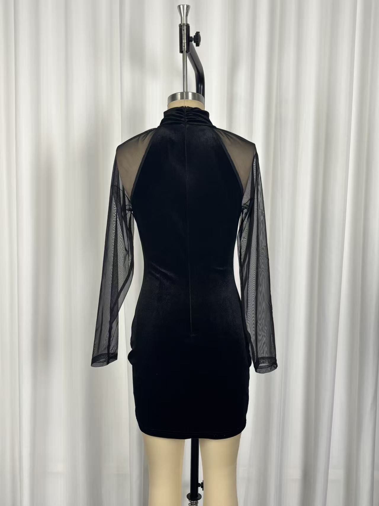 Women's black formal evening dress – high neck long sleeve sheath midi mesh