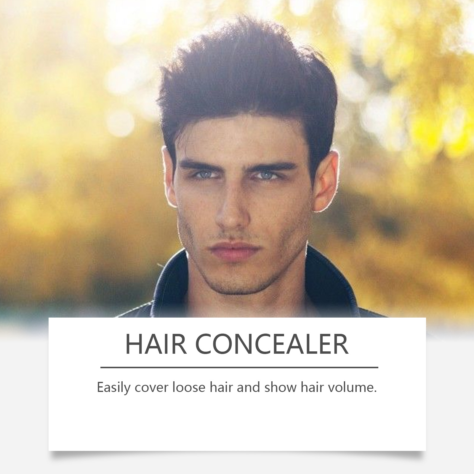 Man with groomed voluminous hairstyle using hair concealer