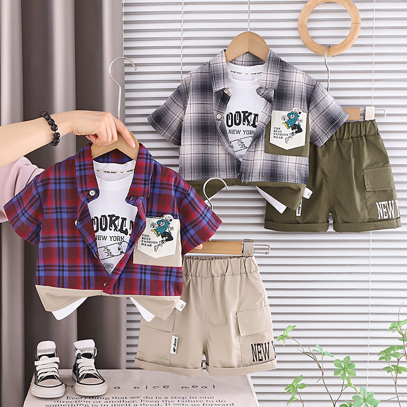 Checkered shirt children's short sleeved three piece set