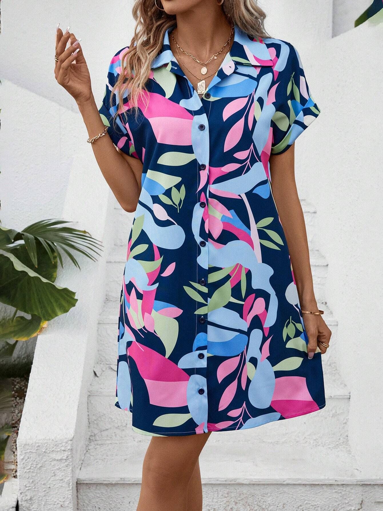 Women's colorful tropical print dress lifestyle outdoor shot