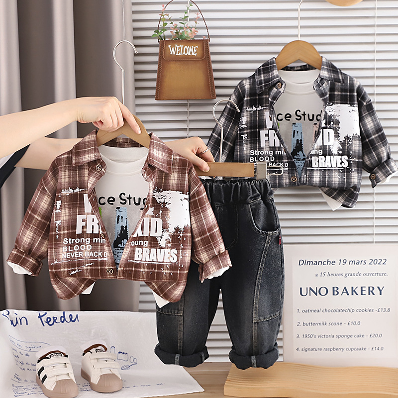 Checkered shirt long sleeved three piece set for baby autumn clothes
