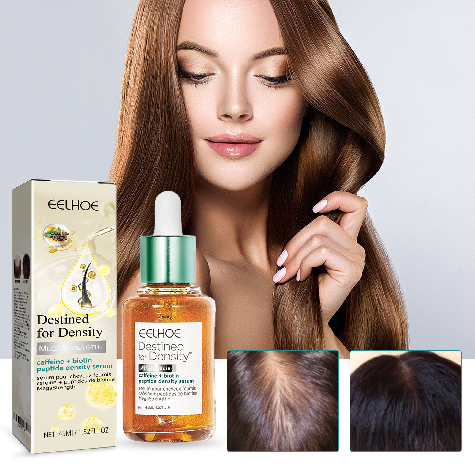 Woman holding hair beside scalp care serum
