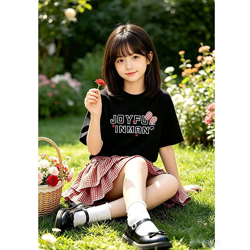 Girl's printed T-shirt plaid cake skirt set