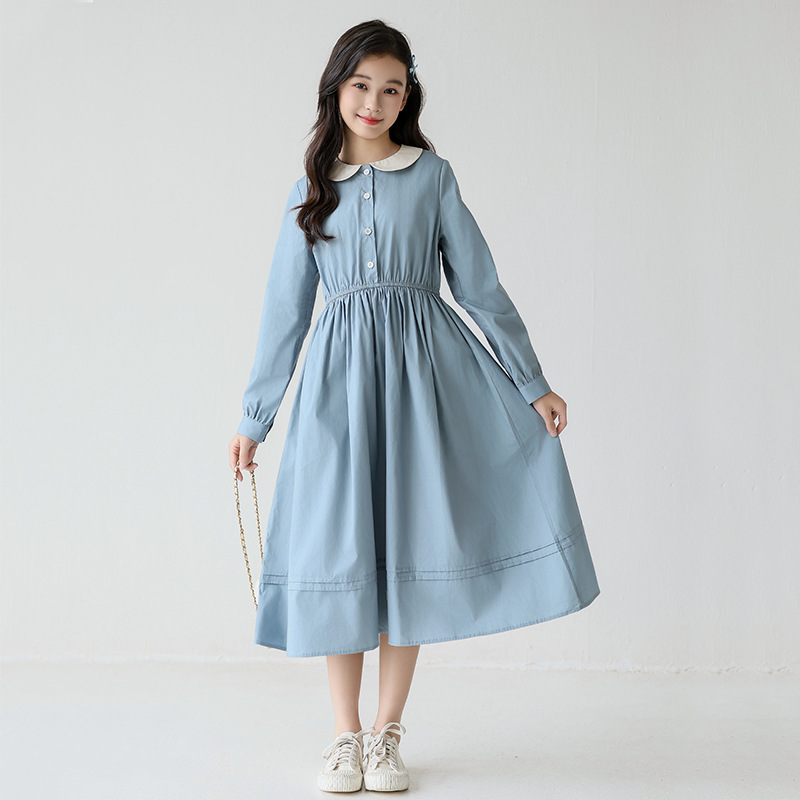 Long Sleeve Dress with Peter Pan Collar School Uniform Inspired, Long Dress for Children
