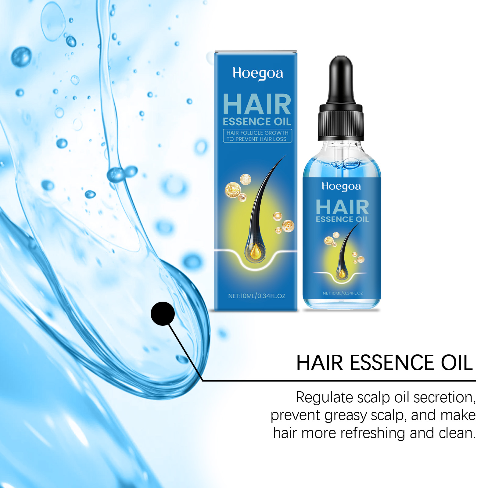 Hair essence oil beside blue oil-control graphic