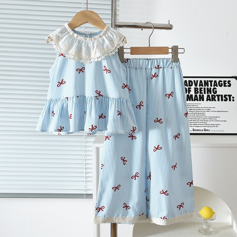 Cute Flower Edge Collar Bow Print Tank Top and Long Pants Two-Piece Set for Girls Summer Outfit