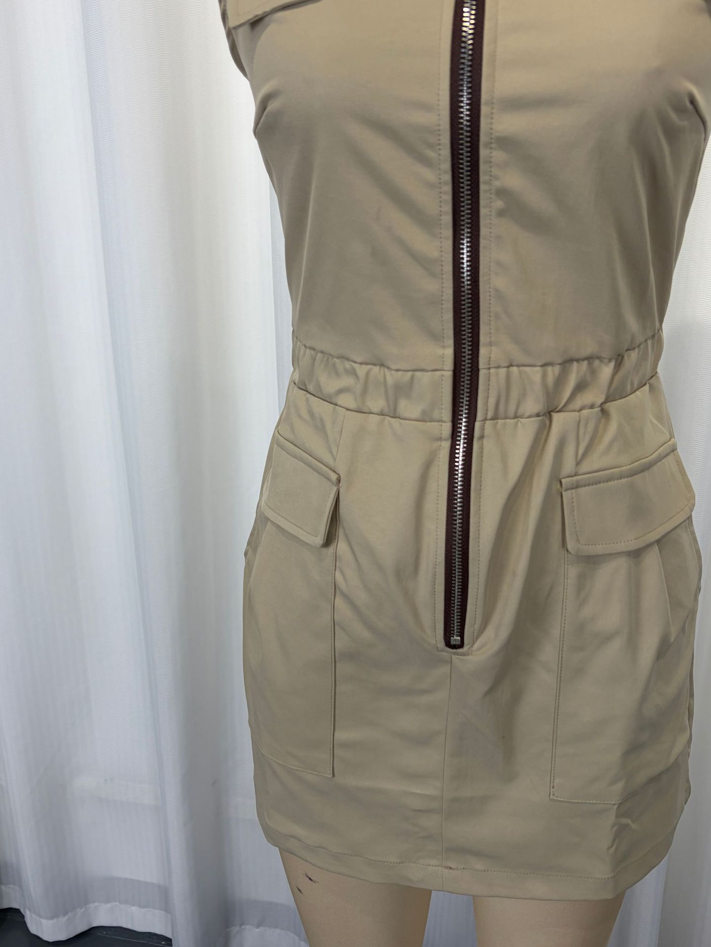 Women's khaki workwear dress – sleeveless zipper maxi long dress resort