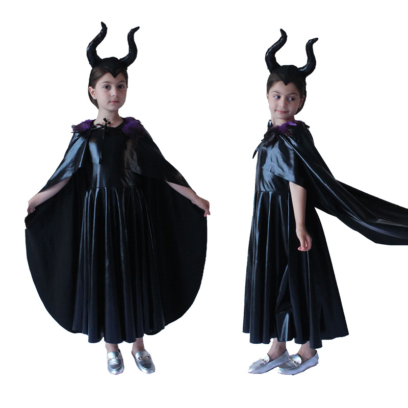 Halloween Kids Girls Black Magic Cape Movie Character Maleficent Costume Parent-Child Matching