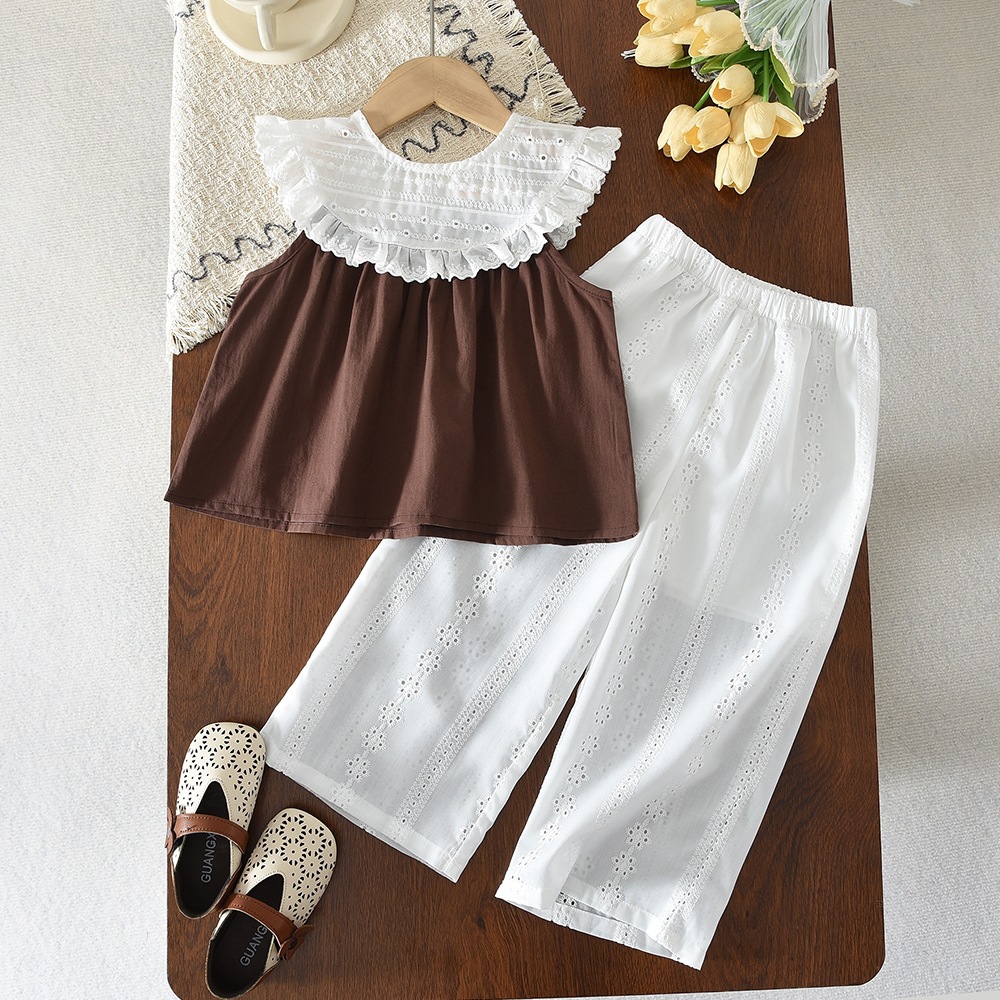 Cute Girls Summer Outfit Set Casual Ruffled Neckline Vest Wide Leg Embroidered Pants Two-Piece Set