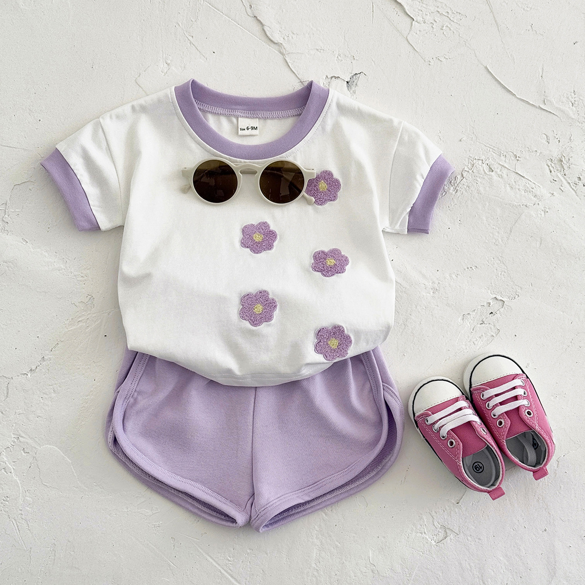 Flower patch patchwork short sleeved+purple casual shorts for summer
