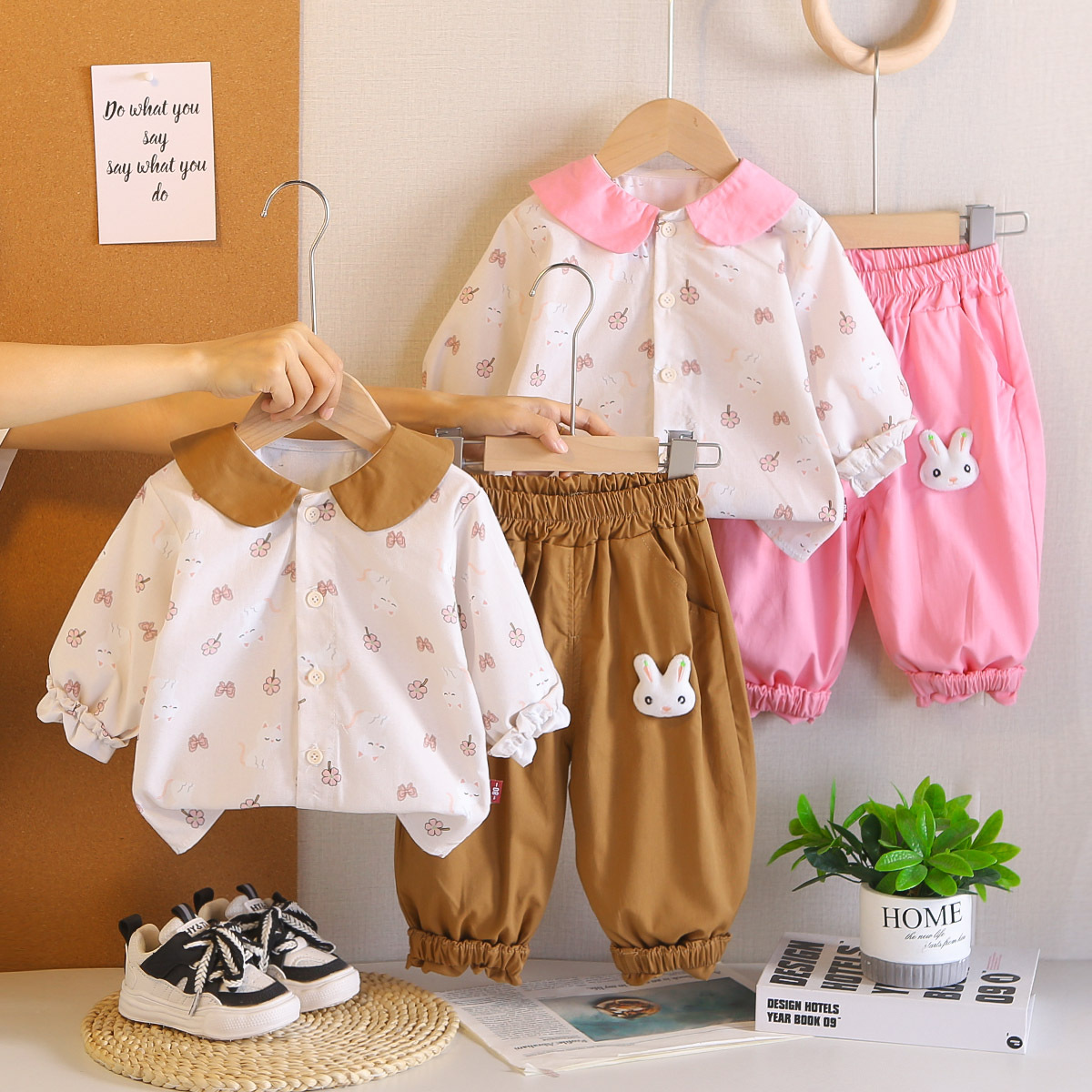 Spring and Autumn Small Flower Cat Collar Long Sleeve Two Piece Set