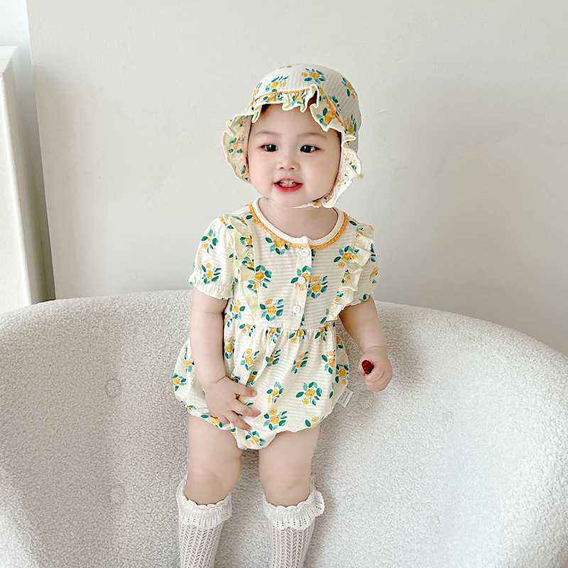 Summer Hooded Triangular Romper with Floral Print, Lightweight Baby Girl Onesie