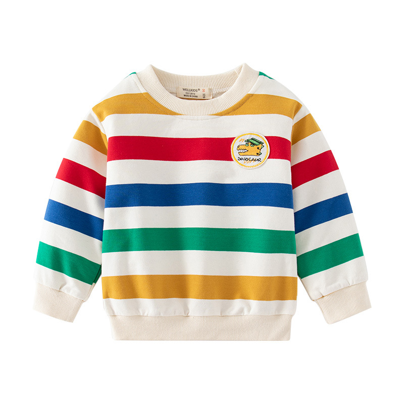 Children's Colorful Striped Long Sleeve Hoodie with Cartoon Print, Contrast Color Round Neck