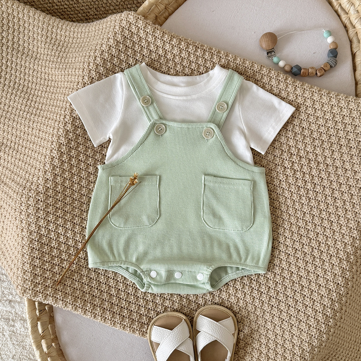 Green overalls and white T-shirt set