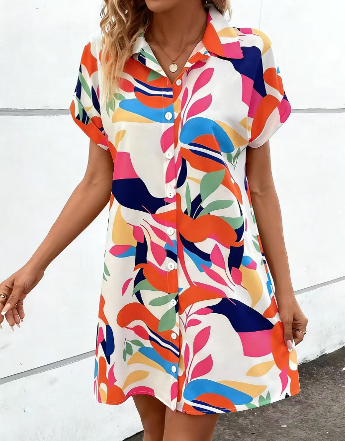Women's colorful shirt dress summer vacation lifestyle shot