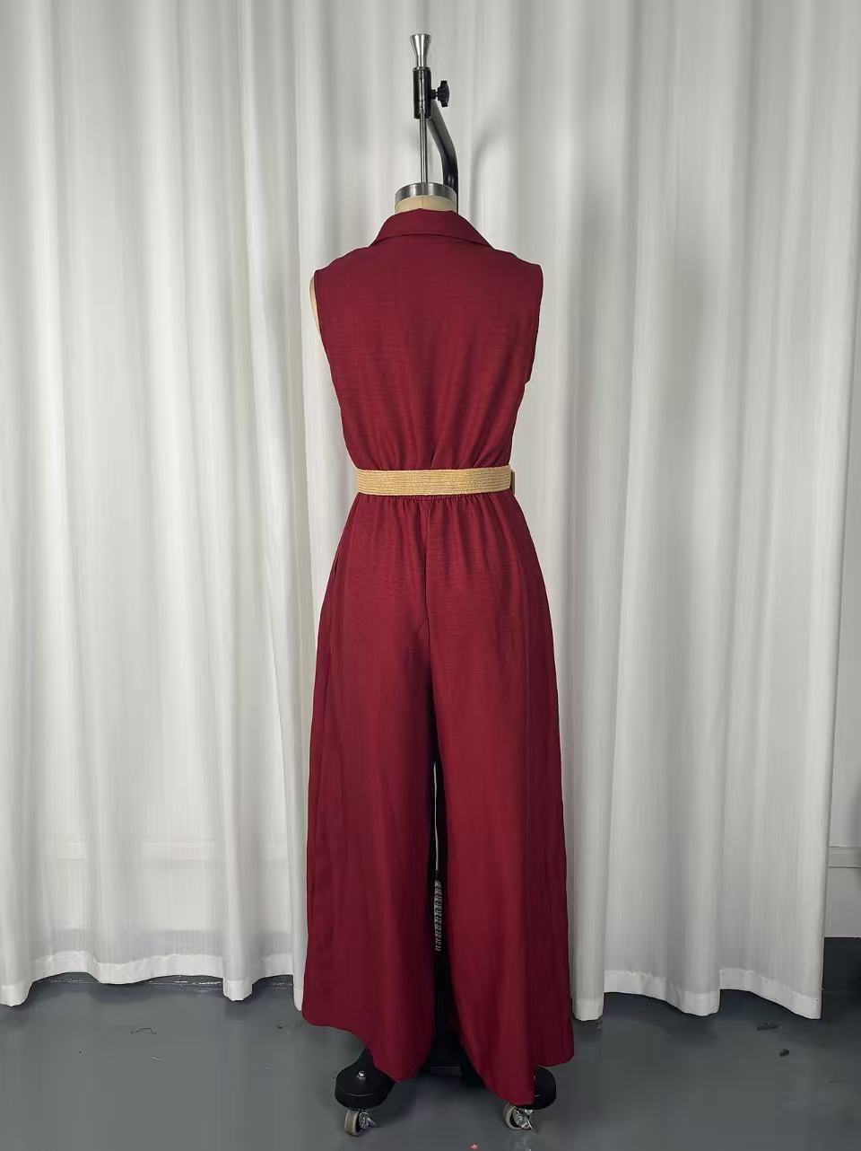 Red sleeveless maxi jumpsuit back view – loose fit solid color long casual