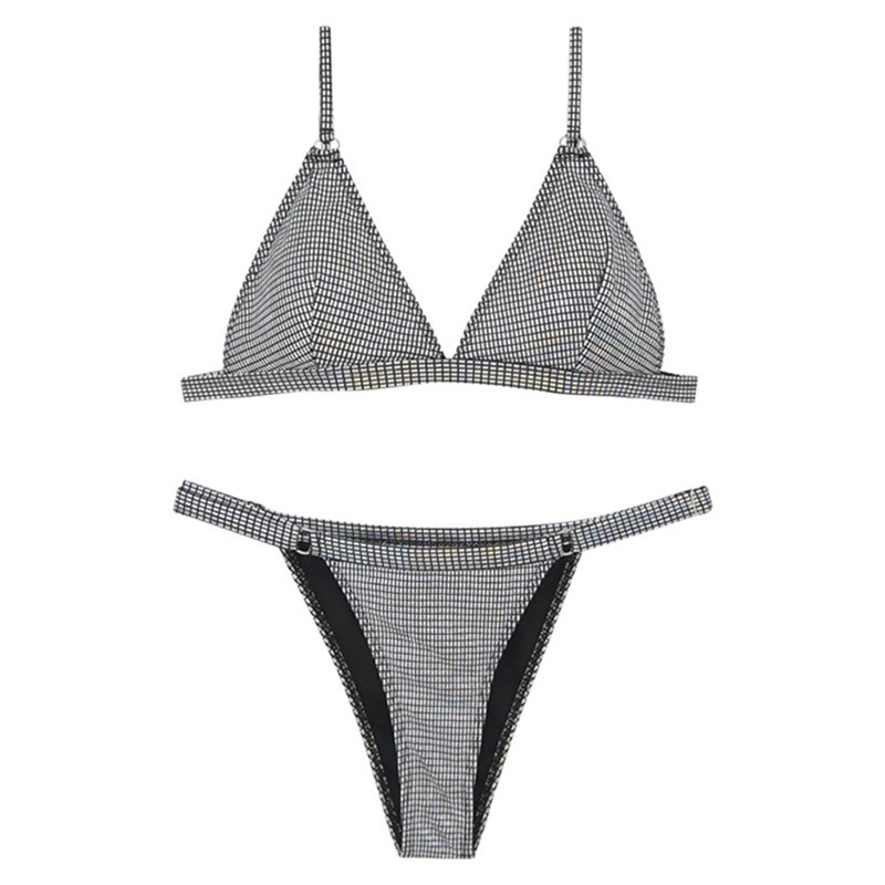 Black two-piece bikini with thong low-waist bottoms and open-back swimsuit