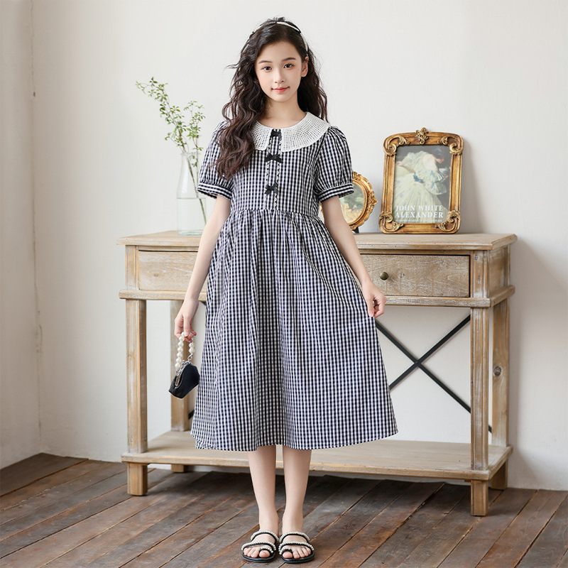 Nature-inspired Gingham Dress for Girls with Lantern Sleeves, Hollow-out Peter Pan Collar, Summer