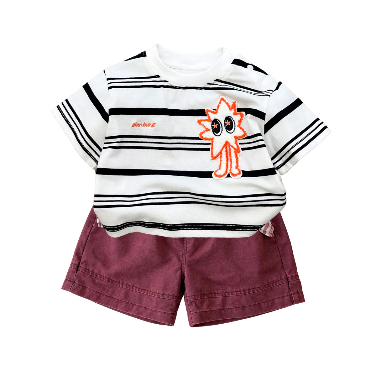 Striped Short Sleeve Set for Boys Retro Red Shorts Two-Piece Outfit, Loose Lightweight Summer