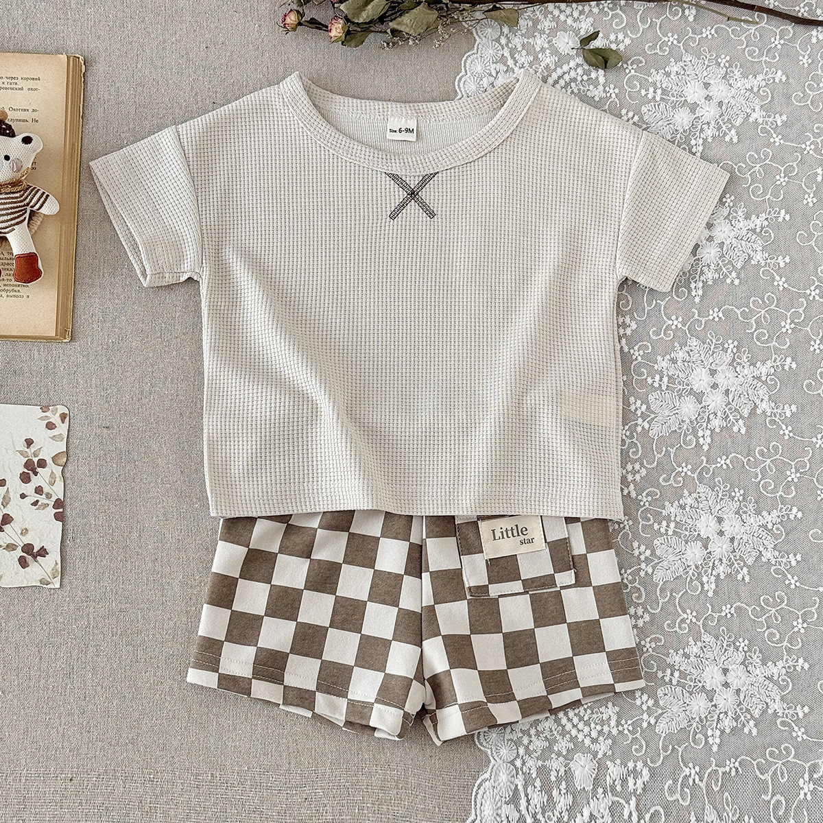 Short sleeved set casual two-piece set checkered shorts