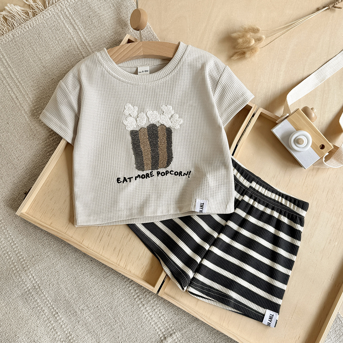 Summer children's popcorn towel embroidered short sleeved two-piece set