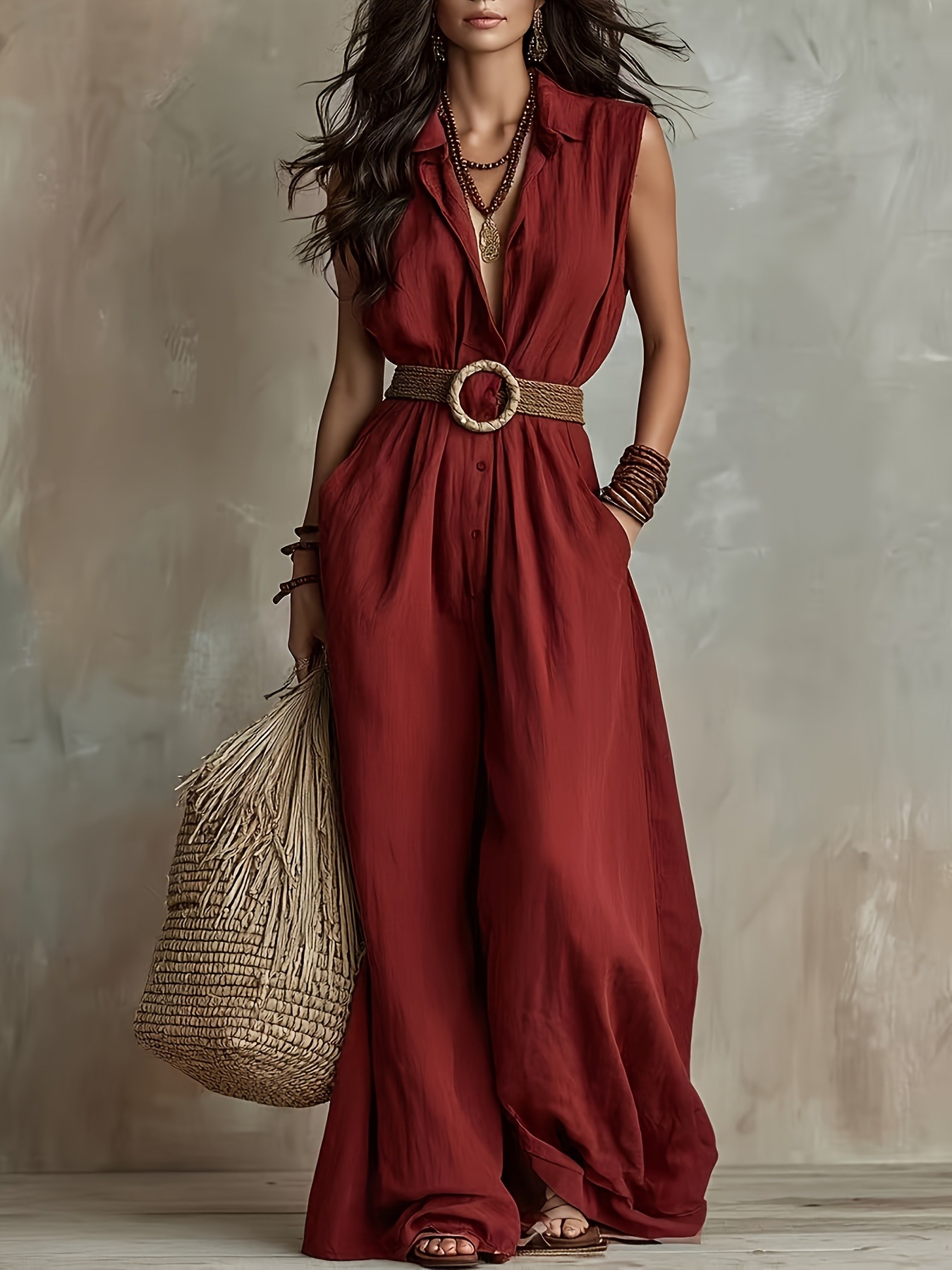 Loose fit red maxi jumpsuit – sleeveless solid color long casual resort wear