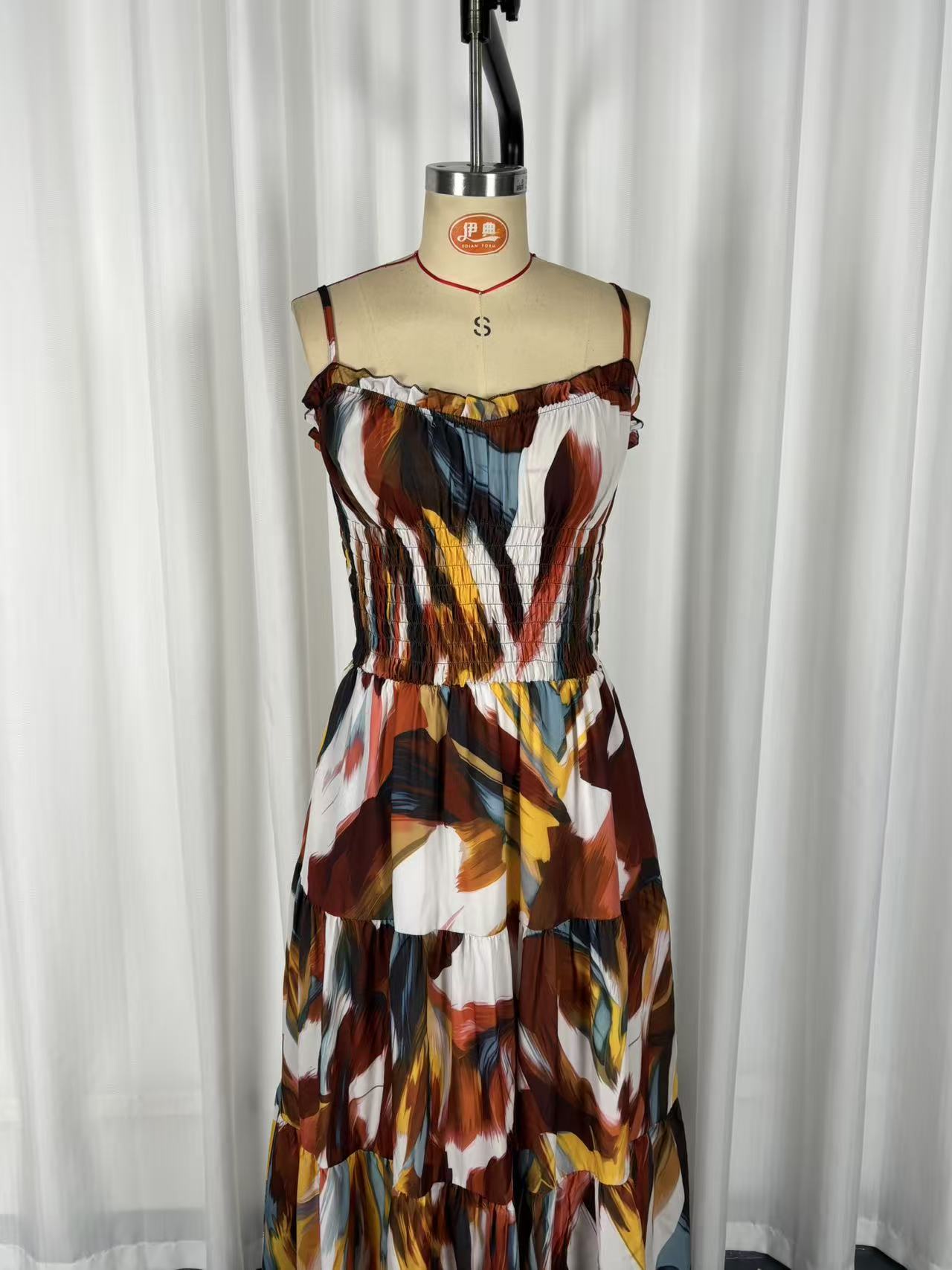 Brown spaghetti strap long dress – pleated waist maxi with pockets resort wear