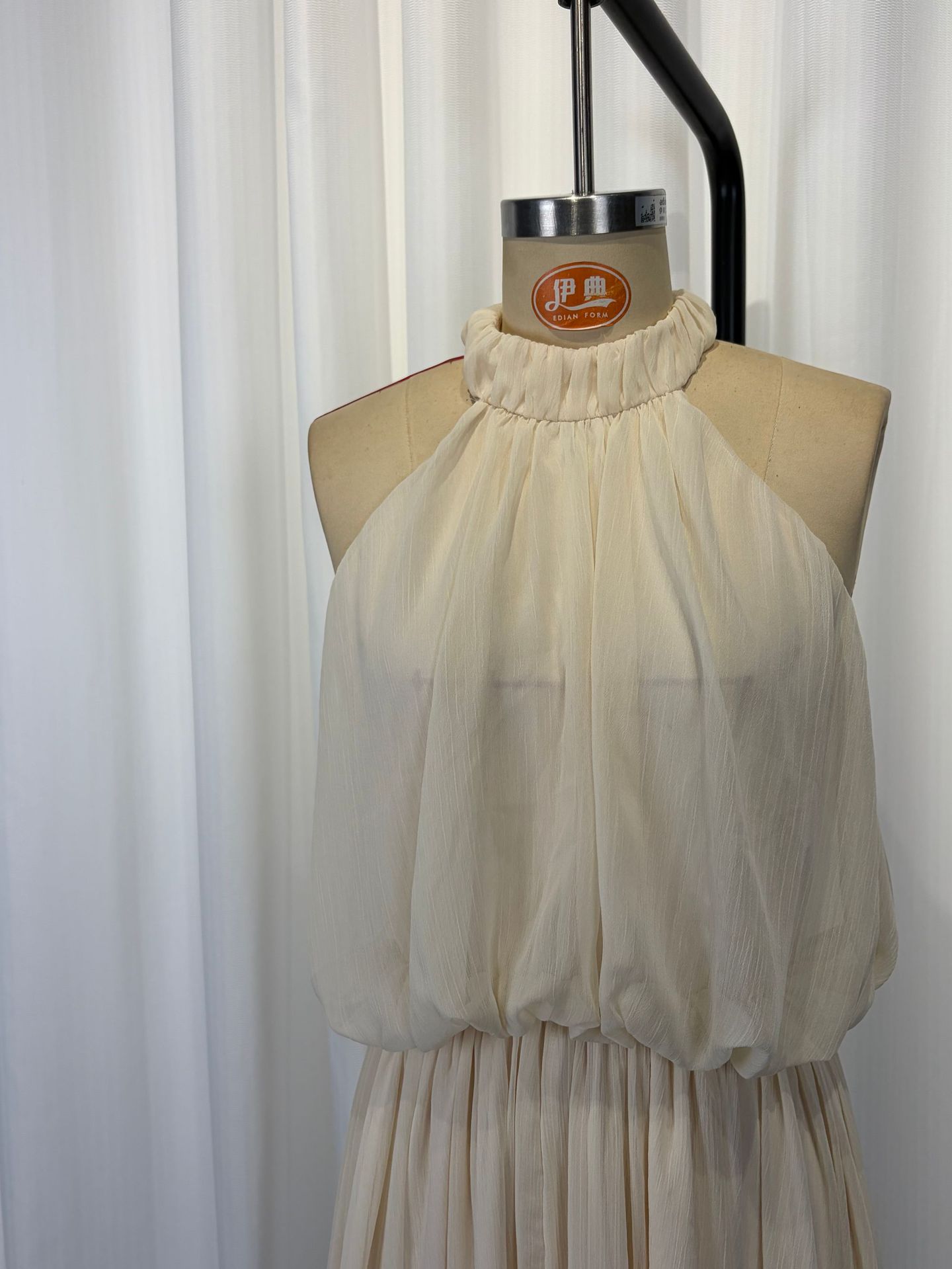 Beige white maxi dress waist cinching halter – boho resort wear