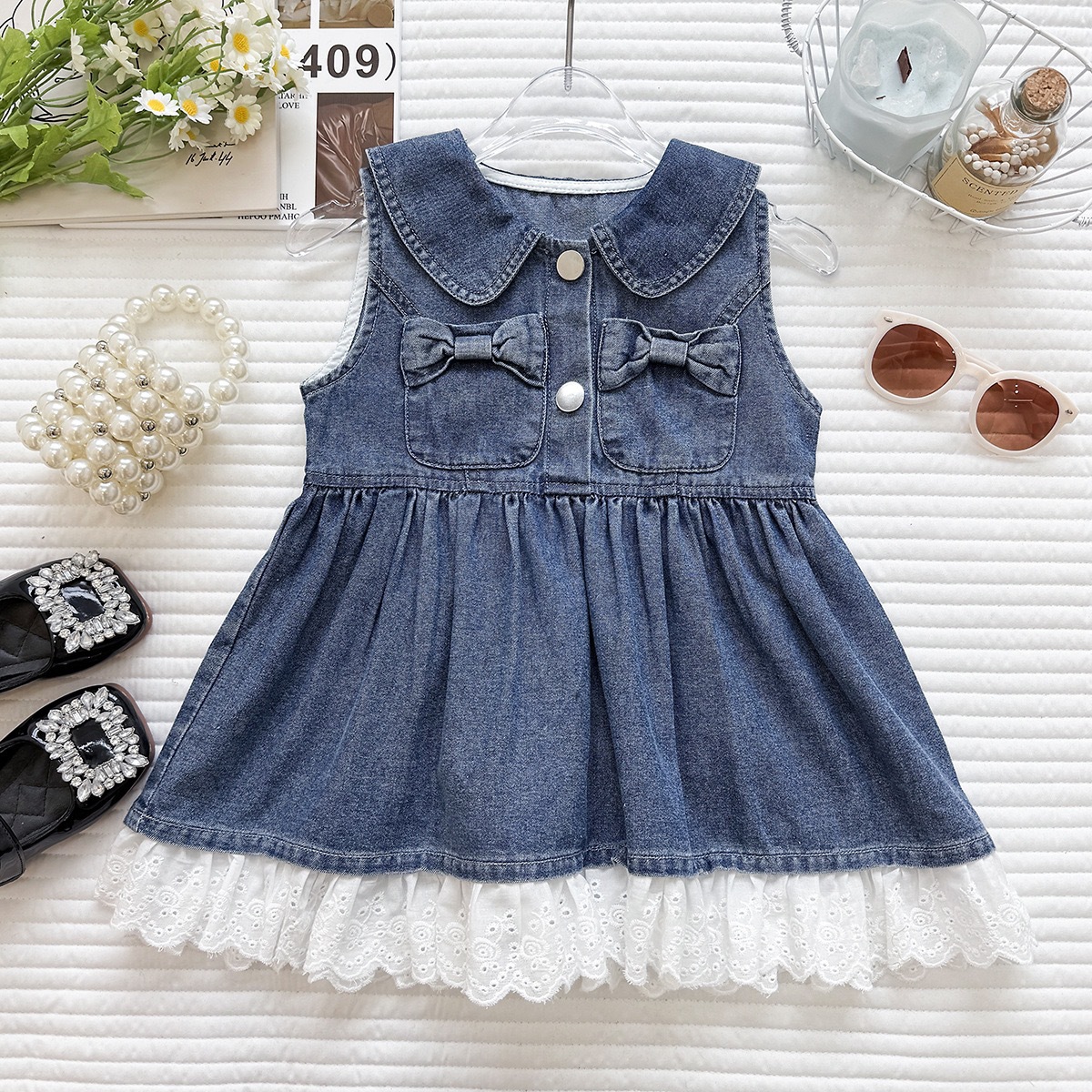 Charming Girls' Denim Dress with Butterfly Knot and Lace Splicing Sleeveless Dress for Summer