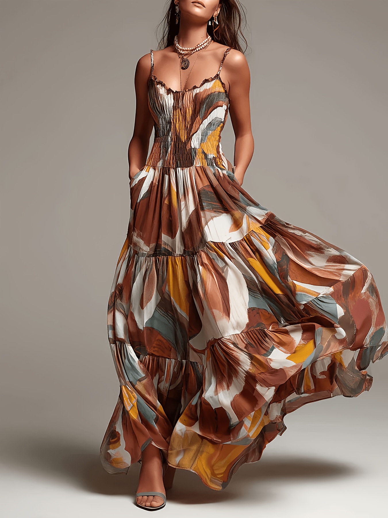 Brown spaghetti strap maxi dress – pleated waist sleeveless long dress resort